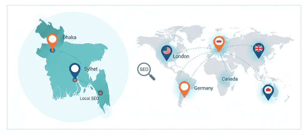 Map illustration showing SEO services in Dhaka and Sylhet, Bangladesh, and global locations including USA, UK, Germany, and Canada by Md Hridoy Ahmed
