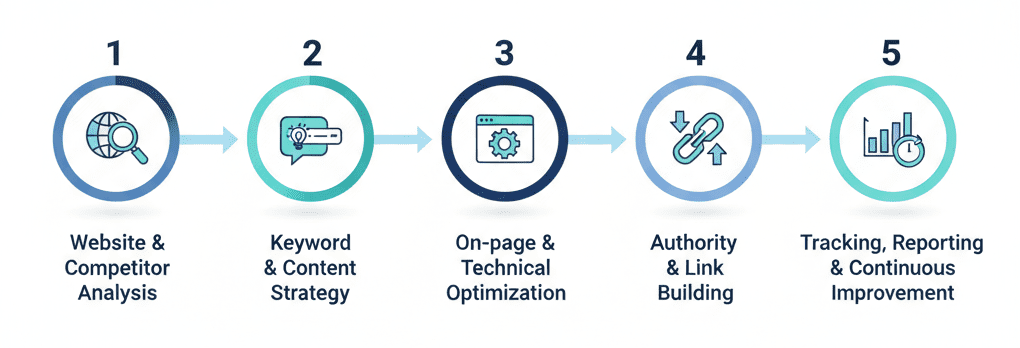 SEO process by Md Hridoy Ahmed showing website analysis, keyword strategy, optimization, authority building, and performance tracking