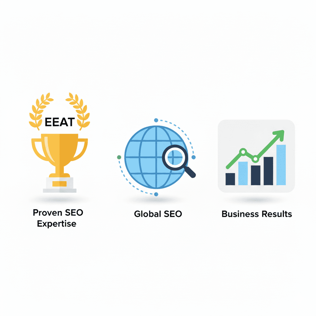 Three flat-style icons for Why Choose Me section: trophy for Proven SEO Expertise, globe for Global SEO, and chart for Business Results by Md Hridoy Ahmed