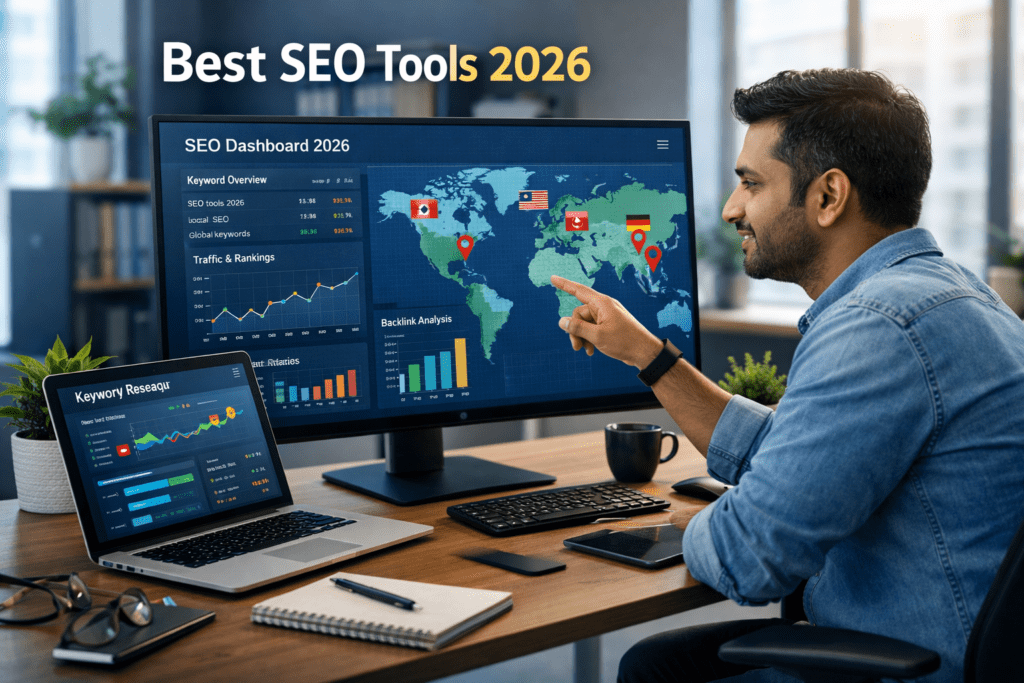Md Hridoy Ahmed analyzing the best SEO tools 2026 on a modern workspace with SEO dashboards, keyword charts, and global maps