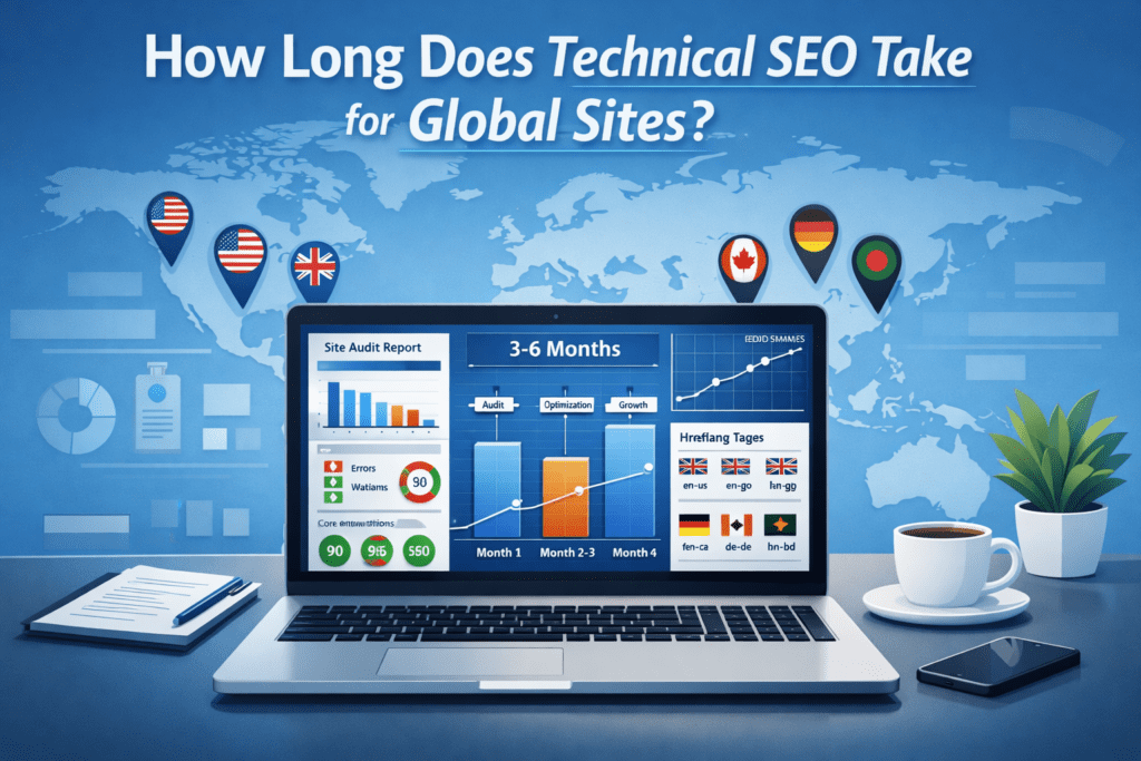 How Long Does Technical SEO Take for Global Sites? 1 How long does technical SEO take for global websites timeline illustration showing audit, optimization, and ranking growth stages