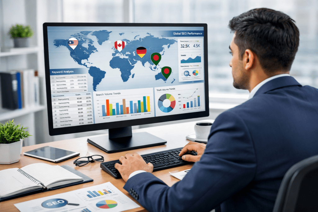 Professional SEO consultant analyzing global keyword research strategy with international SEO analytics dashboard