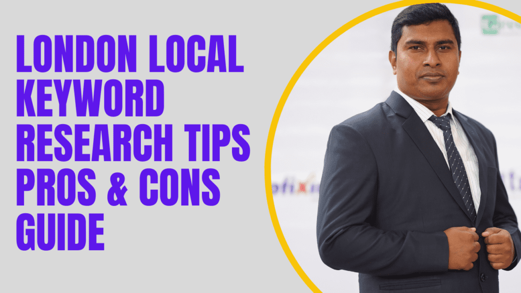 Laptop showing keyword research dashboard with London cityscape, charts, maps, and location pins illustrating local SEO for London businesses