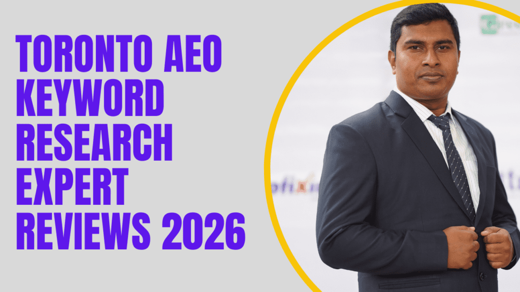 A professional SEO illustration showing AEO keyword research tools and local Toronto business optimization for 2026.