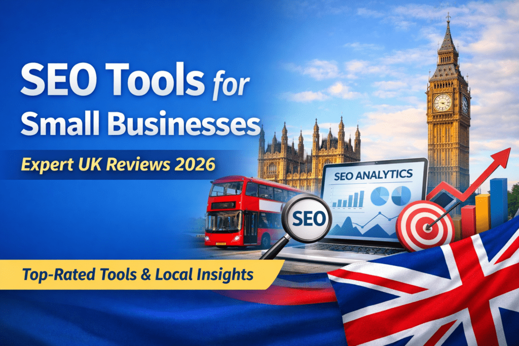 Promotional banner showing a laptop with SEO analytics, charts, and tools interface, London landmarks, a UK flag, and business elements, representing top SEO tools for small businesses in the UK.