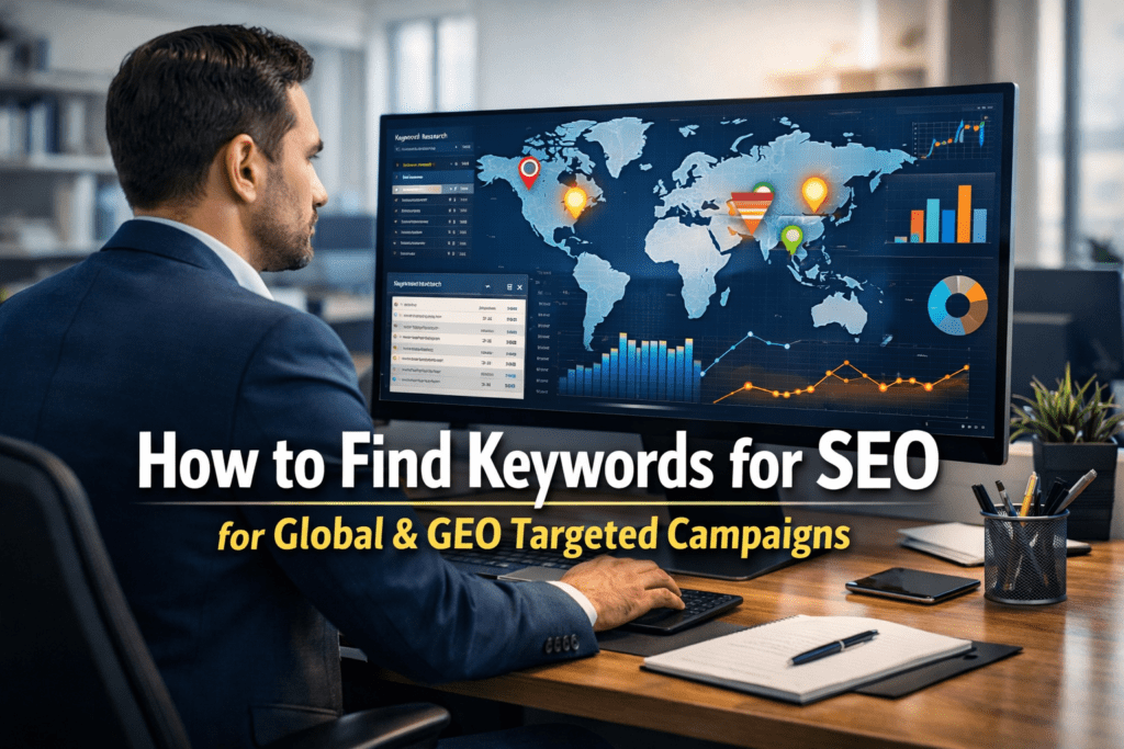 SEO consultant analyzing global keyword research dashboards for GEO targeted SEO campaigns across multiple countries.