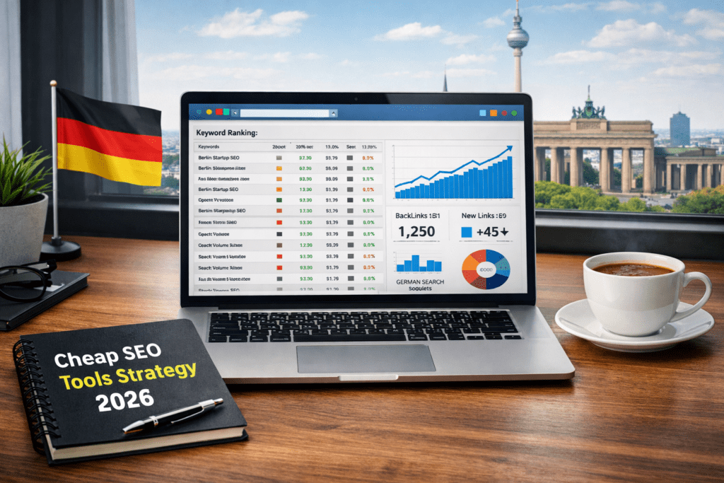 Cheap SEO tools dashboard for Germany startups showing keyword rankings and SEO analytics in Berlin