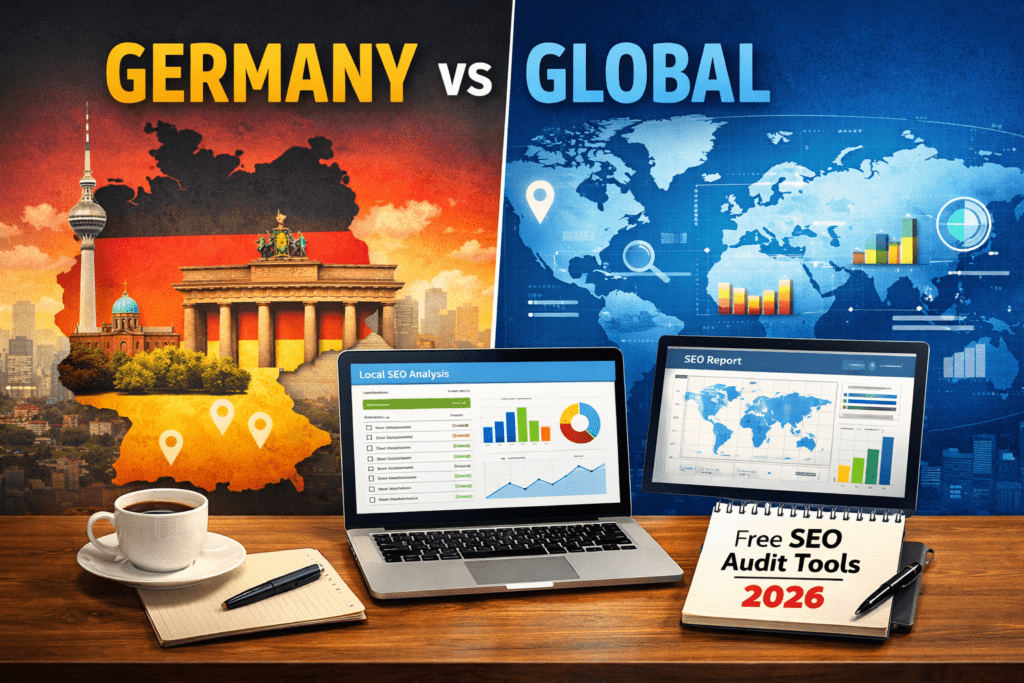 Germany vs Global Free SEO Audit Tools: Which Is Best for Berlin Businesses? 1 Free SEO audit tools comparison for Berlin businesses, showing Germany-focused and global SEO dashboards