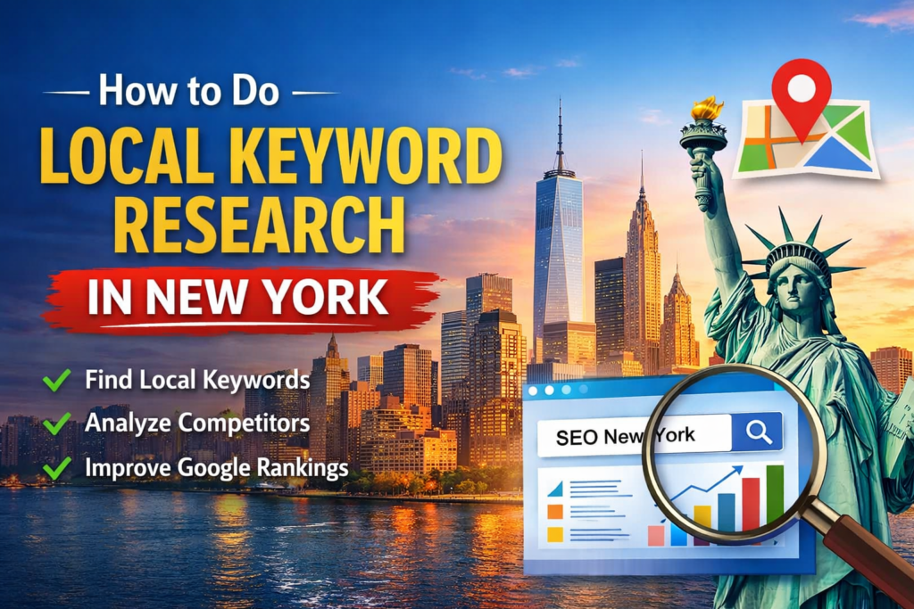 Digital marketing image showing SEO dashboards, keyword analytics, Google Maps pins over New York City skyline, promoting local keyword research strategies.