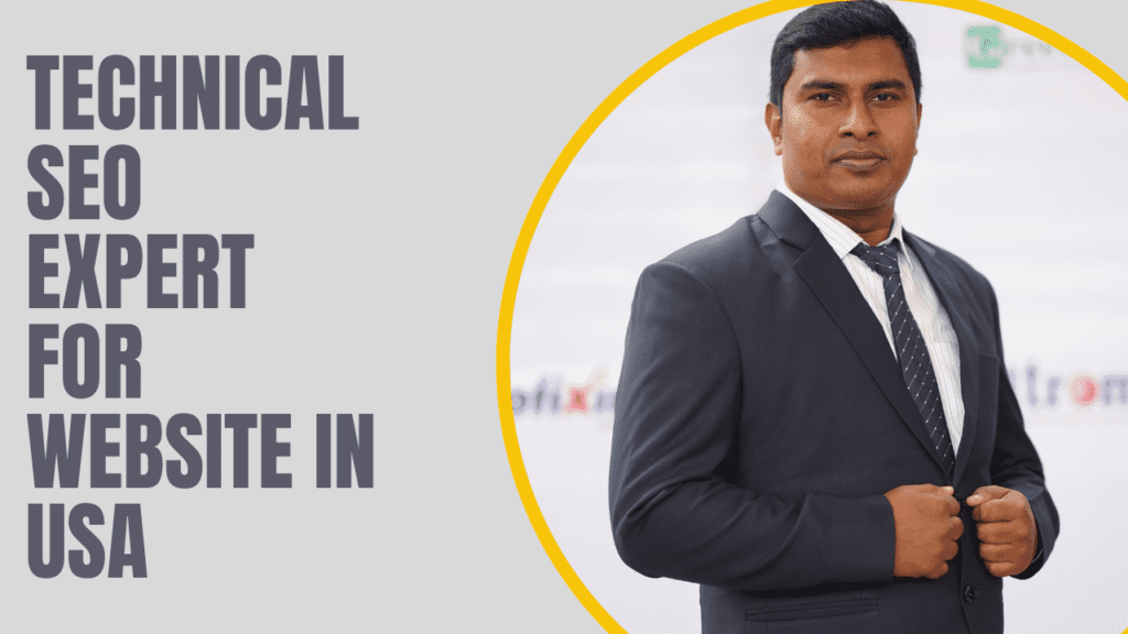 MD Hridoy Ahmed working on a laptop showing SEO audit dashboard with graphs, crawl errors, and performance analytics, representing professional technical SEO expert services in the USA.