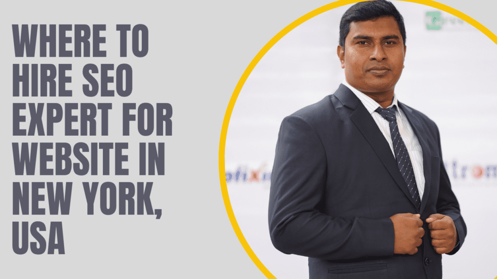 Where to Hire SEO Expert for Website in USA – Top Platforms and Tips 2026 1 Modern digital workspace showing SEO dashboard on laptop with New York skyline, charts, and analytics for website optimization.